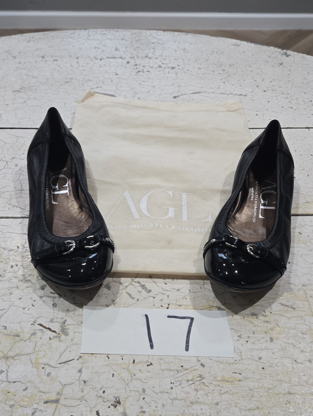 AGL Black Leather Ballet Flats with Patent Cap Women 6.5
